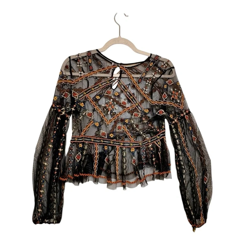 Free People Give A Little Mesh Top Black Embroidered Boho XS - Picture 6 of 10